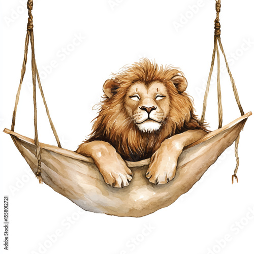 Watercolor Lion Relaxing in a Hammock with Closed Eyes Peaceful Scene