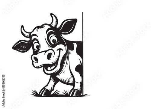 Vector of a happy, cartoon cow with big eyes peeks around a blank white edge.