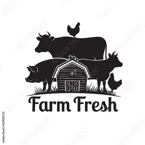 Vector of a stylized farm logo featuring silhouettes of a cow, pig, and chickens with a barn, and "Farm Fresh" text.