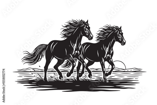 Vector of two majestic horses with flowing manes and tails gallop gracefully across a landscape at sunset.