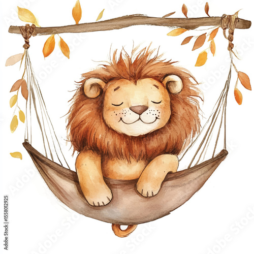 Watercolor Lion Relaxing in Hammock with Autumn Leaves Smiling Contentedly