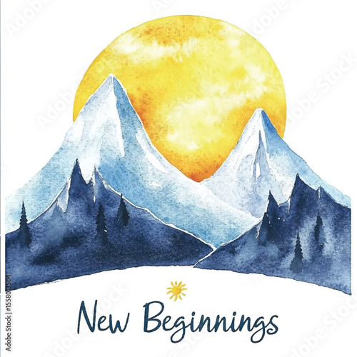 Watercolor Mountains with a Bright Sun Symbolizing New Beginnings and Hope
