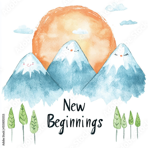 Watercolor Mountains with Smiling Faces and a Warm Sunset New Beginnings