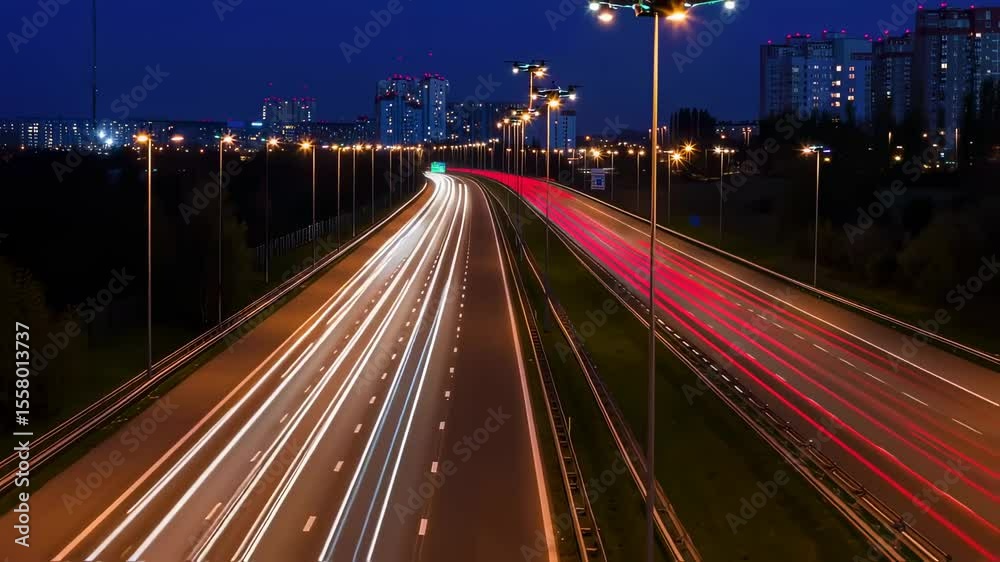 Dynamic city highway at night with blurred motion car lights and drone aerial view Dynamic city highway at night with blurred motion car lights and drone aerial view