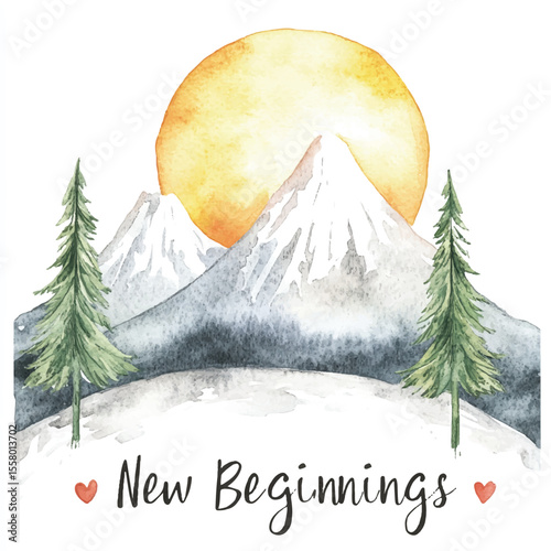 Watercolor Mountainscape at Sunrise with Evergreen Trees