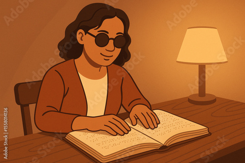 Visually Impaired Woman Reading Braille at Wooden Desk Warm Cozy Indoor Illustration
