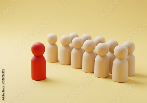 A single red figure leads a group of wooden figures, representing leadership