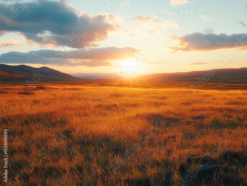 tundra plateau bathed in evening sun, golden grasses glowing, long shadows stretching across undisturbed land