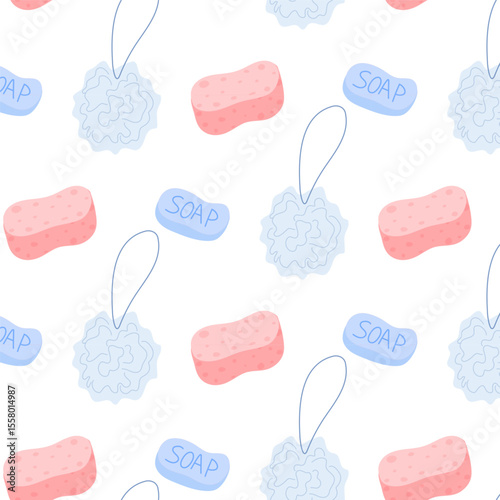 Colorful soap and loofah pattern creating a cheerful bathroom atmosphere for daily cleansing