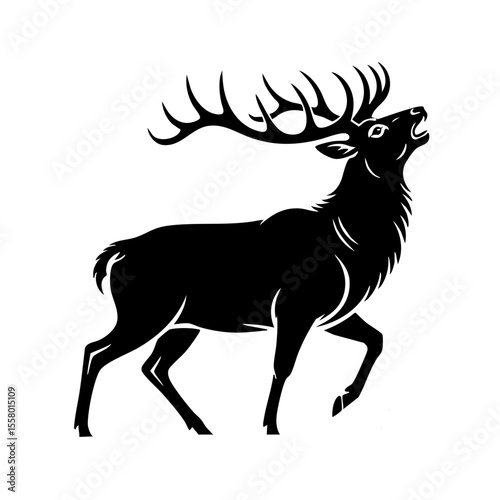Black silhouette of a majestic stag with large antlers roaring vector illustration isolated on white background
