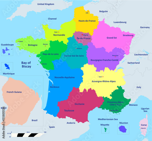 Vector map of France with separate territories and adjacent countries