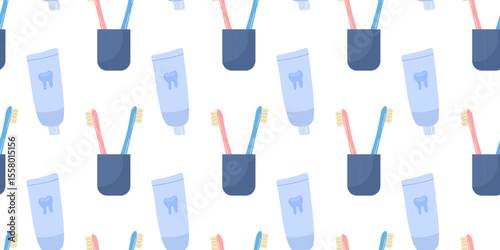 Bright and colorful dental hygiene items arranged in a repeating pattern