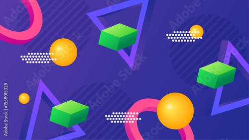 Abstract image of colorful spheres, cubes, and triangles. Perfect for digital design projects, art prints, and creative backgrounds.