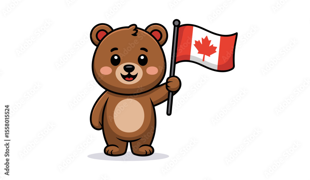 Obraz premium Cute Cartoon Bear Holding a Canadian Flag Symbolizing Patriotism