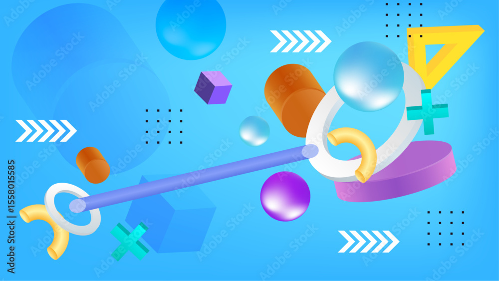 Fototapeta premium Colorful abstract 3d shapes on a blue background suitable for presentations, graphic designs, web backgrounds, posters, digital art, and advertising.