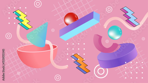 Abstract 1980s retro design with vibrant shapes and colors. Suitable for background, graphic design, print, web, and fashion projects.