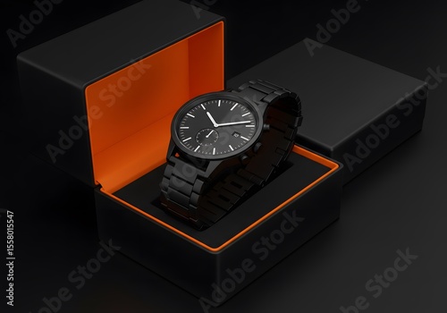 black wristwatch with a black strap on a black box with an orange interior on black background, Black Men's Wristwatch in Kraft Gift Box on Dark Background, black minimal watch on black box