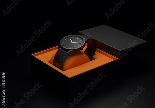 black wristwatch with a black strap on a black box with an orange interior on black background, Black Men's Wristwatch in Kraft Gift Box on Dark Background, black minimal watch on black box
