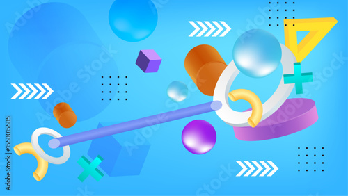 Colorful abstract 3d shapes on a blue background suitable for presentations, graphic designs, web backgrounds, posters, digital art, and advertising.