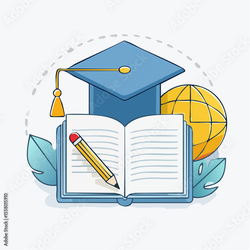 An illustration with a book globe pencil  graduation cap