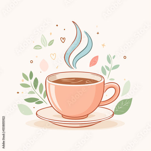 An illustration of a peachcolored coffee cup with rising steam set on a matching saucer