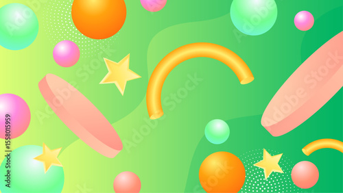 Colorful spheres, tubes, and stars on pink background suitable for abstract backgrounds, party invitations, digital art projects, and graphic design.