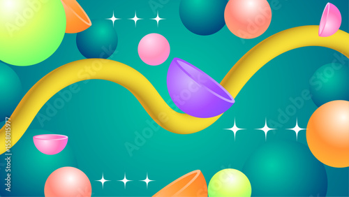 Colorful spheres and curved shapes on a purple background. Great for abstract designs, modern art concepts, and vibrant graphic presentations.