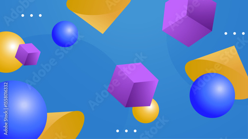 Purple spheres, orange cones, and blue cubes in a playful composition. Ideal for graphic design projects, web backgrounds, and educational materials.