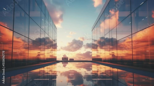 Modern office building or business center. High-rise window buildings made of glass reflect the clouds. empty street outside  wall modernity civilization. growing up business