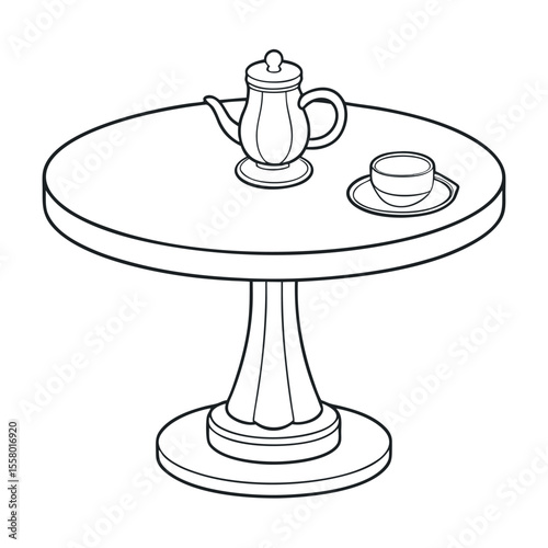 Round Tabletop Tea Set Line Drawing Small Teapot Coffee Cup