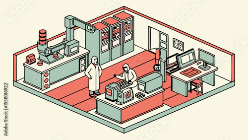 Isometric Science Laboratory with Researchers and Advanced Technology Equipment