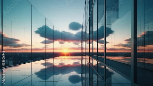 Modern office building or business center. High-rise window buildings made of glass reflect the clouds. empty street outside  wall modernity civilization. growing up business