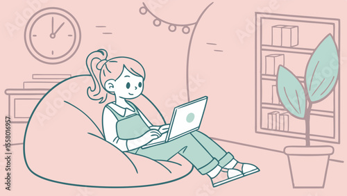 Young Woman Using Laptop on Bean Bag Chair in Cozy Room - Remote Work & Study Illustration