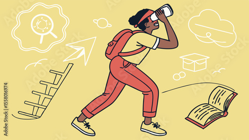 Ambitious Person Explores Future Opportunities with Telescope: Education, Career Growth & Discovery Journey Illustration