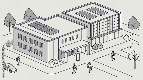 Sustainable Urban Building Complex with Solar Panels - Isometric Line Art Illustration
