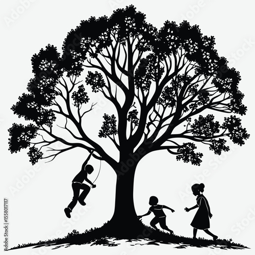 A large tree with children playing around it image silhouette design vector art and illustration