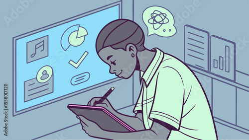 Young Person Using Digital Tablet for Creative Design and Learning with Interactive Screen Display
