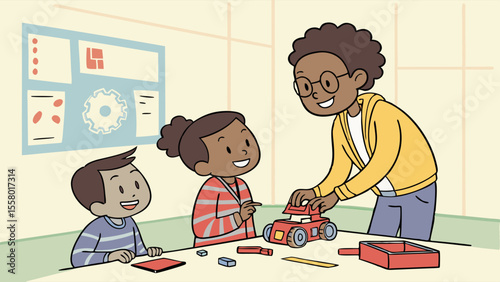 Diverse Kids and Teacher Building Toy Car: STEM Education, Robotics, and Creative Learning
