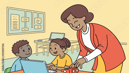 Diverse Children Learning Robotics with Teacher in Classroom STEM Education