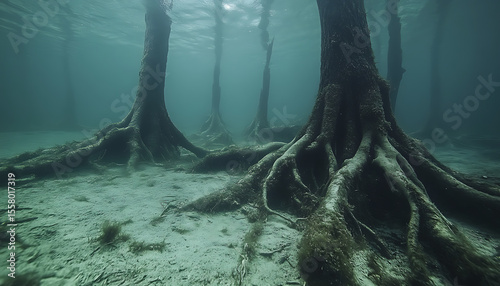 underwater view of submerged forest floor, twisted tree roots and fallen branches in cloudy green water, silent and mysterious