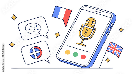 Mobile Voice Translation App with International Flags and Speech Bubbles for Language Communication