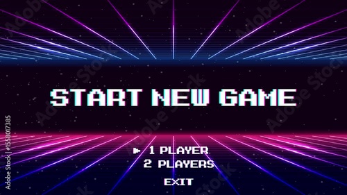 START NEW GAME play .Synthwave wireframe net illustration. pixel art .8 bit game. retro game. for game assets .Retro Futurism Sci-Fi Background. glowing neon grid. and stars.