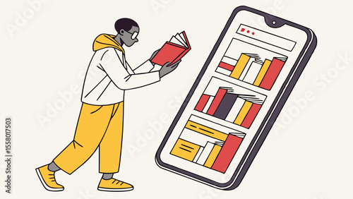 Man Reading Physical Book While Smartphone Displays Digital Library. E-learning, Online Education & Knowledge Access Concept.