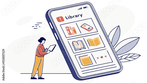 Digital Library Access: Person Reading E-books on Tablet with Mobile App Interface
