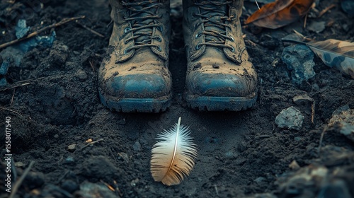 Contrasting Footwear and Feather: Conceptual Shot of Toughness and Fragility