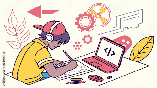 Creative coding concept: Young person drawing and programming, blending art with technology and innovation