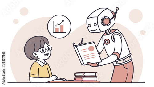 AI Robot Assisting Student with Learning. Future Education Technology Concept Illustration.