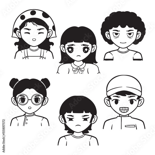 illustration art hand drawn many people with diferent facial expression and culture black and white design