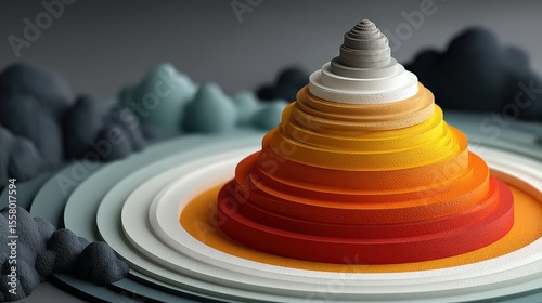 Abstract 3D Terrain Model: Layered Rings with Atmospheric Cloudscapes