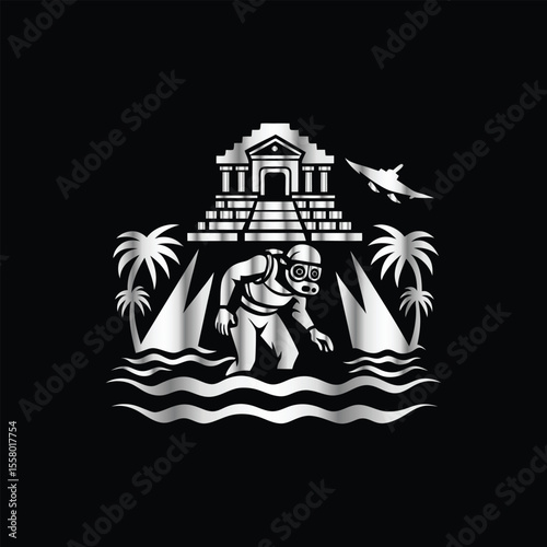 Scuba diver with fish on the black background. Vector illustration. Illustration of a scuba diver and a ship on a black background.